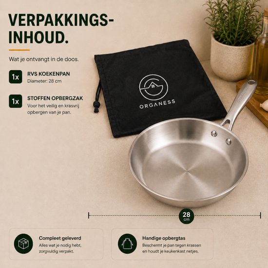 Verpakkingsinhoud RVS koekenpan 28 cm met opbergzak