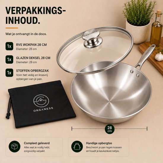 Organess RVS wokpan met glazen deksel