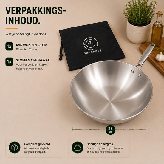 Verpakkingsinhoud RVS wokpan 28 cm met opbergzak