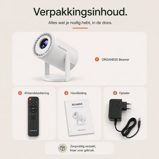 Verpakkingsinhoud beamer: afstandsbediening, handleiding, oplader