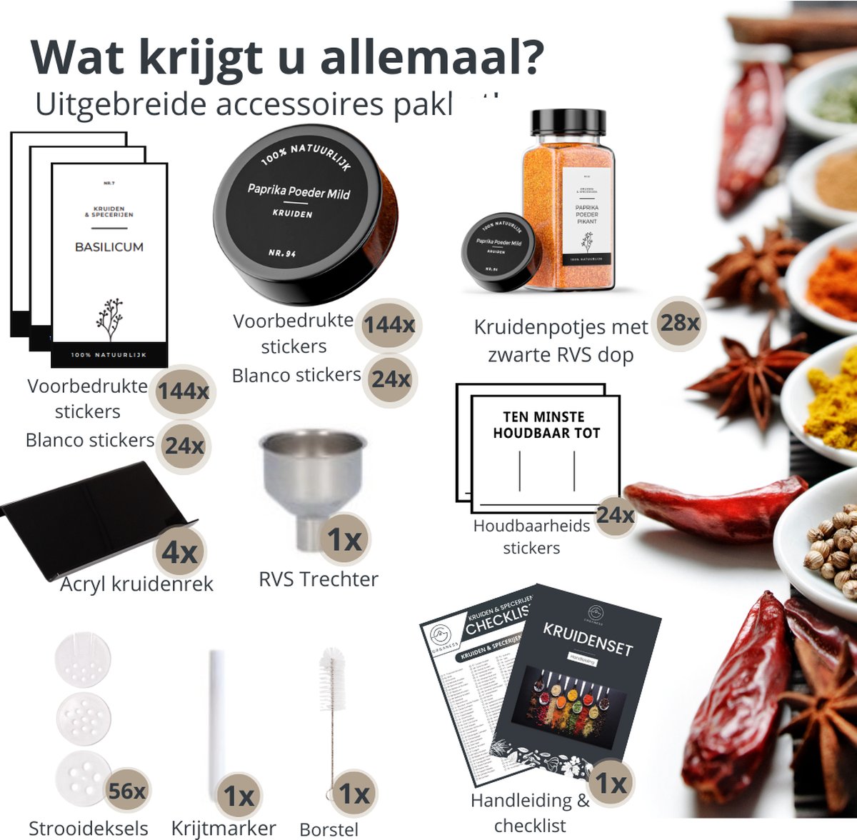 Kruidenrek liggend, incl 24 kruidenpotjes en volledig accessoires pakket!