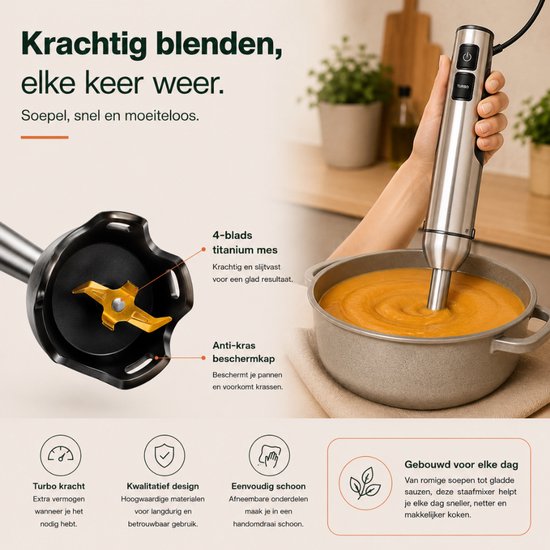 Staafmixer met titanium mes pureert soep in pan