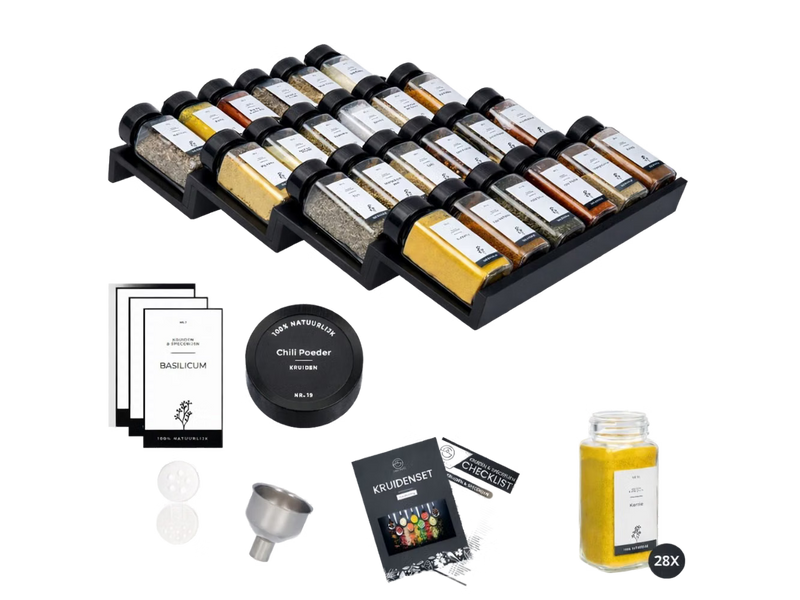 Kruidenrek liggend, incl 28 kruidenpotjes en volledig accessoires pakket!